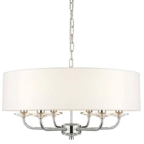 Image of Multi Light Ceiling Pendant – 6 Bulb Nickel Arm & Vintage White Faux Silk Chandelier – 40W E14 Candle Effect Bulb Fitting – Height Adjustable Large Round Shade Lamp – Modern Crystal Glass Trim