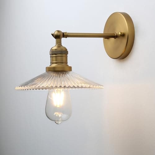 Image of JIMUBEAM Industrial Vintage 1-Light Wall Light with Funnel Ribbed Clear Glass Shade, Indoor Wall Mounted Lamp for Living Room Bedroom Bathroom Over Kitchen Sink