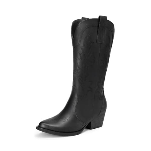 Image of DREAM PAIRS Women's Cowboy Cowgirl Boots Embroidered Pointed Toe Low Heel Western Mid Calf Boot for Theme Party Country Concert,Size 6,All Black,DWUMMB2503