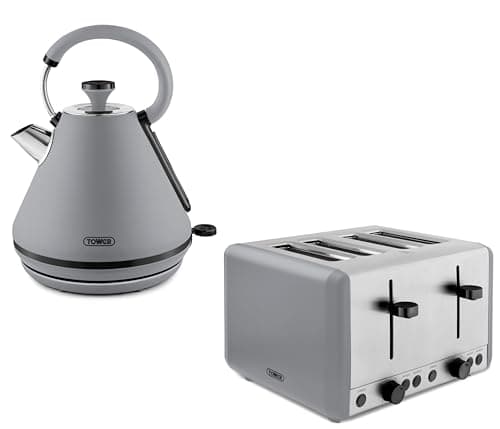Image of Tower Sera 1.7L 3KW Pyramid Kettle & 4 Slice Toaster Matching Set in Matte Grey with Smoked Black Trim, TWRSERAPKT4GRY