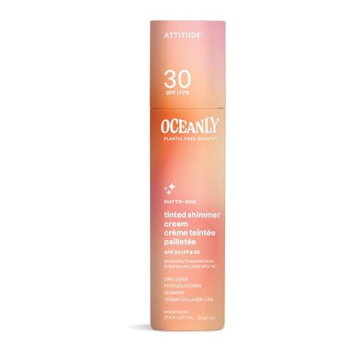 Image of ATTITUDE Oceanly Tinted Shimmer Face Cream Stick with SPF 30, EWG Verified, Plastic-Free, Broad Spectrum UVA/UVB Protection with Zinc Oxide, Universal Tint, Unscented, 30 grams
