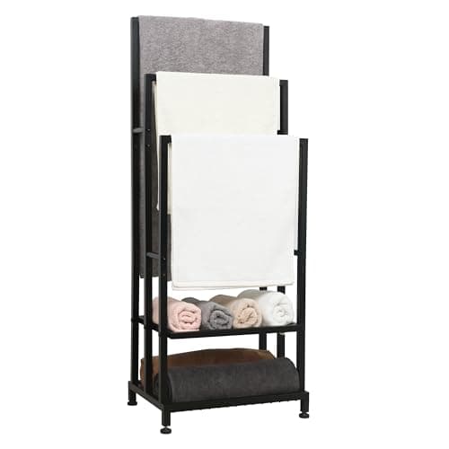 Image of LOFTEY Free Standing Towel Rail, Towel Stand with 2 Storage Shelves, 3 Tier Towel Rack Free Standing, Freestanding Towel Rail for Bathroom & Bedroom, Black