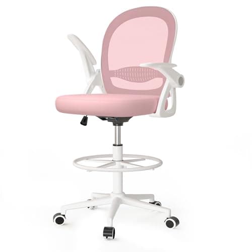 Image of naspaluro Drafting Chair Tall Office Chair Ergonomic Desk Chair Swivel Painting Chair with Flip-up Armrests and Adjustable Footrest Ring for Home Office - Pink
