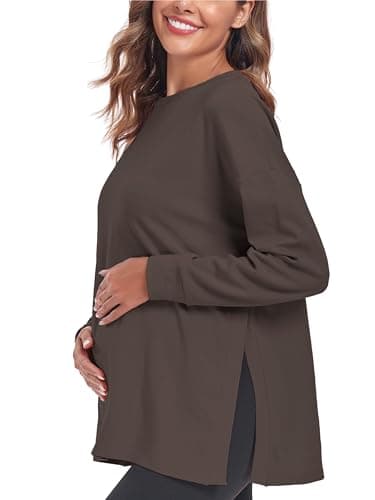 Image of Love2Mi Women’s Maternity Tops Long Sleeve Loose Fit Maternity T-Shirt Split Side Breastfeeding Top Maternity Clothing Grey