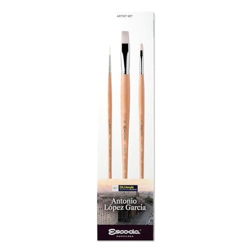 Image of ESCODA Set Oil Acrylic Brushes - N.2 Round Pointed and N.8,16 Bright Hog Bristle Hair Set #2 Antonio López Clasico Series Professional Artists Handmade in Barcelona.