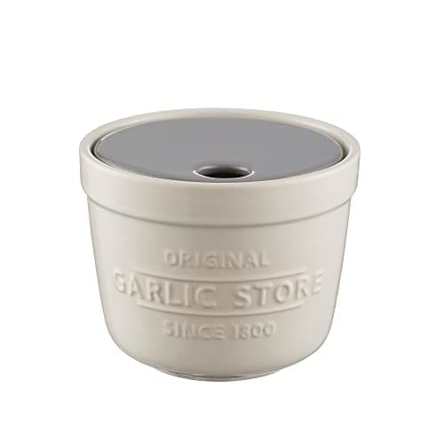 Image of Mason Cash Innovative Kitchen Garlic Store with Grater Lid | Stoneware Storage Pot with Air Vents to Keep Vegs Fresh | Dual-Function Lid for Grating Ginger