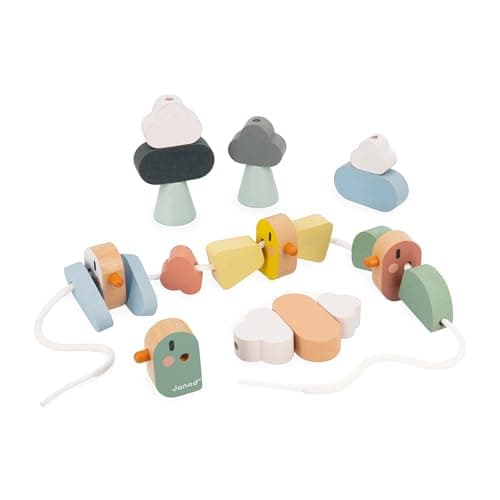 Image of Janod - Sweet Cocoon Threading Beads - 21 Bird, Wing & Cloud Beads - Develops Fine Motor Skills - FSC Wood Toy - Early-Learning Game - 24 Months +, J04050