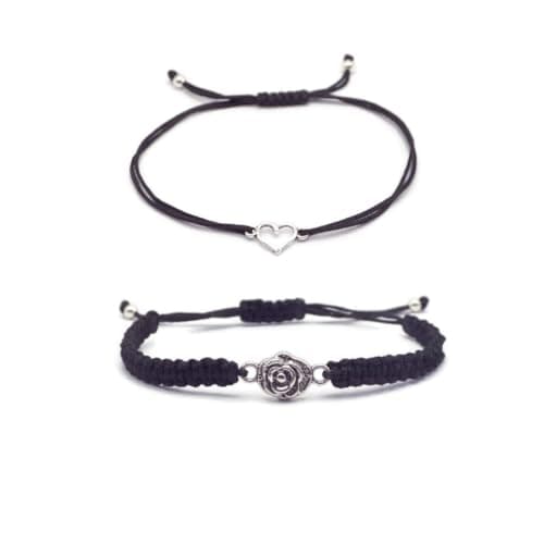 Image of 2x Storela Handmade Silver Plated Rose & Heart Bracelet Personalized Braided Charm Bracelet Perfect for Womens Ideal for a Friendship Bracelet, Anniversary,Family Gift & Festival Accessories