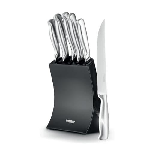 Image of Tower Core 5 Piece Knife Set with Weighted Steel Block, High Grade Polished Stainless Steel, Fine Edge Precision Blades, Ergonomic Handles, Black, T81537BLK