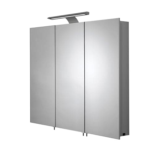 Image of Croydex Hampton Triple Door Large Bathroom Mirror Cabinet with LED Lighting Bar and Hang N Lock Fitting System, Integrated Shaver Socket and Double Sided Mirrored Doors, (70 x 90 x 12cm)