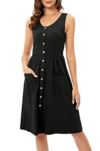 Image of OUGES Women's Summer Spring Dress Ladies Sleeveless V Neck Button Down Midi Dresses with Pockets(Black,L)
