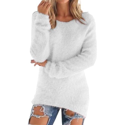 Image of Sweatshirts for Women UK Autumn Winter Warm Pullover Sweatshirts Casual Plus Size Long Sleeve Thermal Jumpers Ladies Soft Cozy Fuzzy Plush Pullovers Loose Slouchy Sweater Tops(White,5XL)