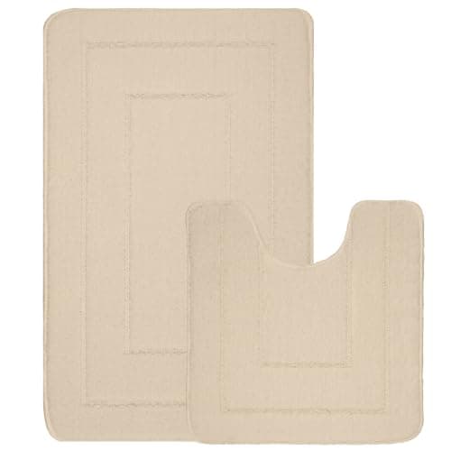 Image of EDS 2 Piece Ichra Bath Mat Set Non Slip Ultra Soft Bathroom Mats Extra Absorbent 100% Polypropylene Toilet Mat Set Washable Toilet Rug Bathroom Accessory (CREAM)