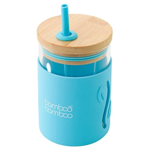 Image of bamboo bamboo Sippy Cup, Straw Cups for Toddlers, Glass Jar with Bamboo Lid & Silicone Impact Sleeve, Perfect for Drinks & Smoothies, 350ml Capacity Baby Cup for Transitioning Toddlers (Blue)