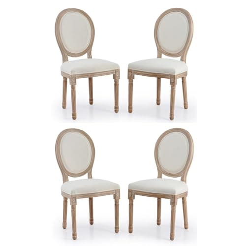 Image of VONLUCE Accent Chairs Set of 4, French Upholstered Dining Chairs for Bedroom Living Room Kitchen, Vintage Vanity Chair with Oval Birch Backrests Rubberwood Legs, Louis XVI Farmhouse Home Decor, Beige