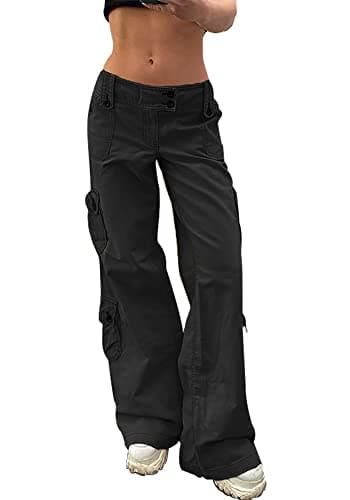 Image of DINGJIUYAN Women Cargo Jeans, Low Waist Wide Leg Casual Trousers Baggy Combat Pants Outdoor Streetwear Y2K Style