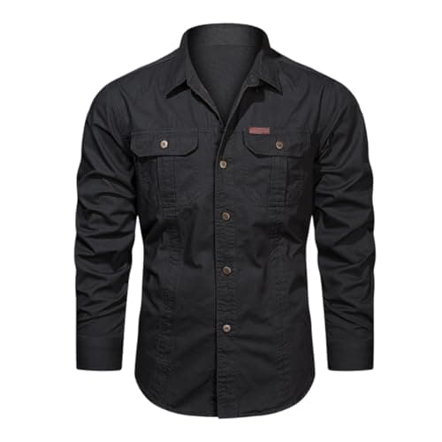 Image of Generisch Men's Military Style Cargo Shirts Long Sleeve Slim Fit Cowboy Shirt Stand-Up Collar Western Shirt Tactical Work Shirt Outdoor Safari Shirt Casual Shirt for Hiking, Trekking, Holidays, black