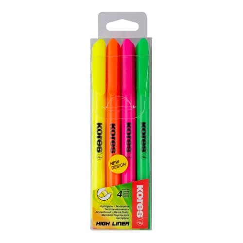 Image of Kores - Neon Highlighter Pens - Fine High Liner, Neon, Water Based-Ink Highlighter Pen with Ergonomic Shape, Chisel Tip - Stationery School Supplies, Office Supplies - Pack of 4 in Assorted Colours