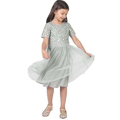 Image of Maya Deluxe Midi Girls Dress for Wedding with Sequin Embellishment Short Sleeve Prom Birthday Bridesmaid Green Lily Size 3-4 Years