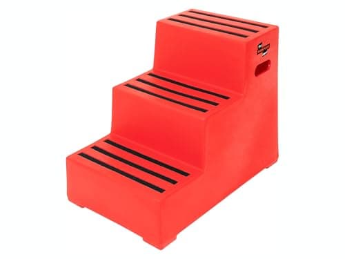 Image of The Workplace Depot 3 Step Plastic Steps – Red Medium-Density Polyethylene Office Step Stool, 630mm Ascent, Anti-Slip Treads, Portable for Offices, Warehouses & Classrooms