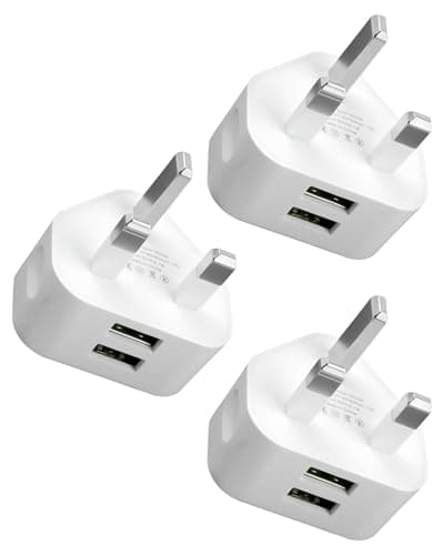 Image of 3 Pack Dual Port USB Plug UK Charger 5V/2.1A Compact Mains Fast Wall Charging Adapter with Smart IC Technology for iPhone 15 14 13 12 11 XS XR X 8 7 6, iPad, Samsung, Huawei - White