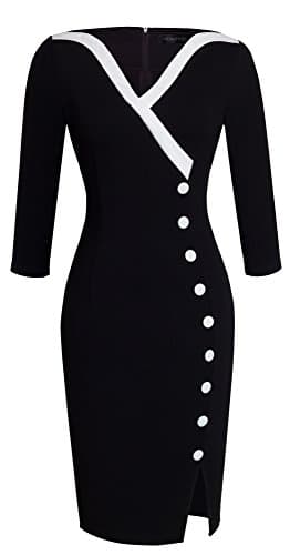 Image of HOMEYEE Women's Elegant V-Neck Big Button Hem Split Slim Bodycon Casual Vintage Dress B335 (UK 10 = Size M, Black)