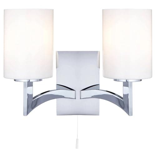 Image of Britalia Polished Chrome 2 Lamp Wall Light with White Glass Shades 300mm, 2 x E27 ES Large Edison Screw Light Bulb Required (Not Included) | Suitable for Standard or Smart LED Lamps
