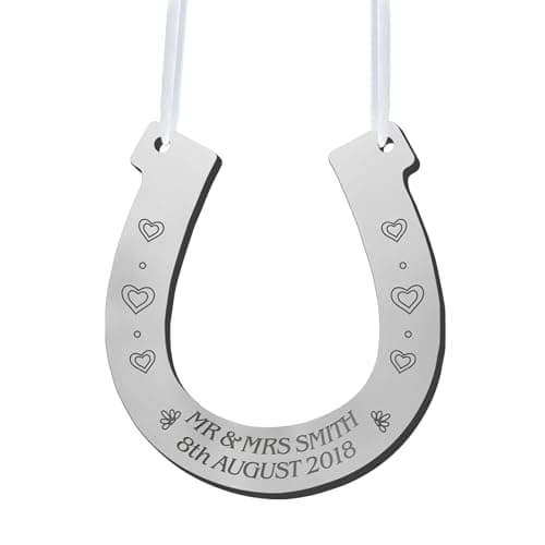Image of Personalised Mirrored Acrylic Wedding Horseshoe Mr & Mrs Custom Anniversary Bridal Gift New Couple Gift Engraved Name Date Acrylic Plaque Engagement Gift(Classic Horseshoe, Silver)