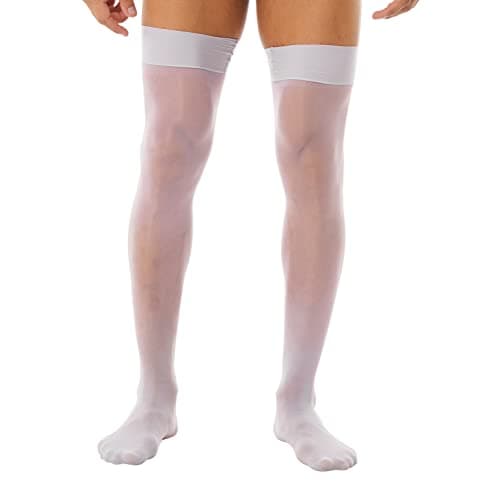Image of FEESHOW Men Oil Glossy Stretchy Socks Thigh-High Mesh Stockings Footed Tights Sissy Underwear White One Size