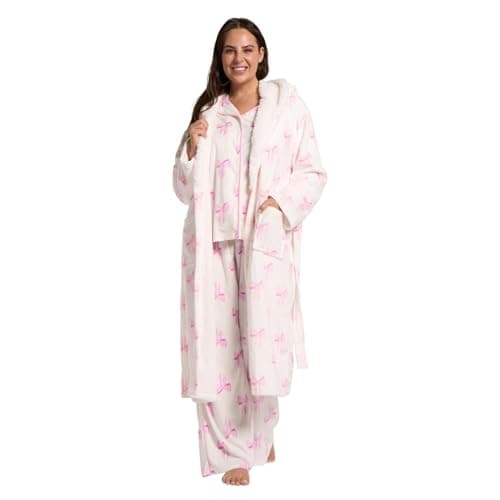 Image of OHS Bow Print Dressing Gown Womens, Super Soft Plush Flannel Fleece Hooded Bathrobe with Pockets Fluffy Sherpa Lined Gifts for Women Loungewear Long Ladies Dressing Gowns, White/Pink
