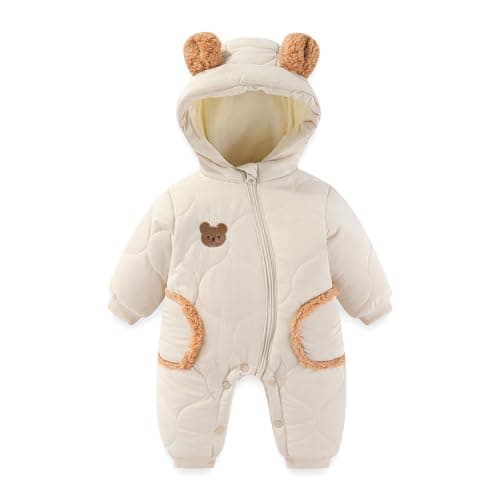 Image of JiAmy Baby Snowsuit Winter Romper Hooded Boys Girls Jumpsuit Bear Thick Windproof Infant Newborn Clothes 3-6 Months White