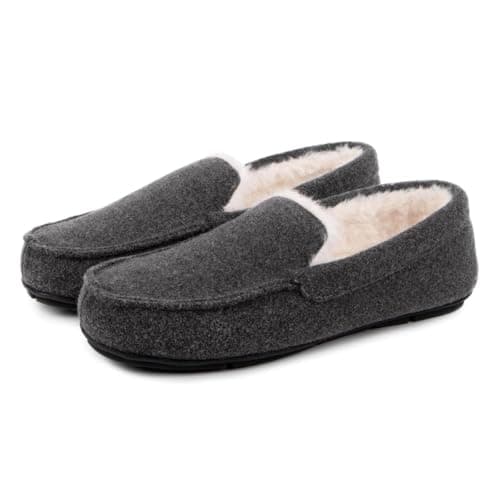 Image of totes® toasties® Men’s Felt Moccasin Slipper with Sherpa Lining, Memory Foam for Extra Comfort, Warm Faux Fur Lining, Machine Washable, Durable Sole, Grey, S