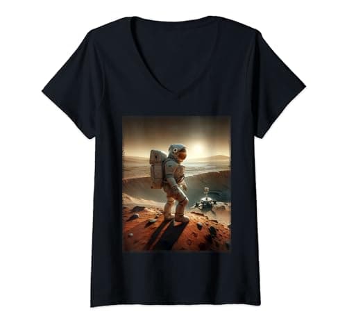 Image of Womens Dusk on Mars: Lone Astronaut's Journey | Red Planet Recon V-Neck T-Shirt