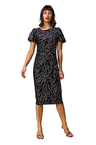 Image of Roman Originals Women Animal Print Velvet Dress - Ladies Spring Everyday Summer Evening Vacation Work Holiday Long Sleeve Smart Casual - Black - Size 10