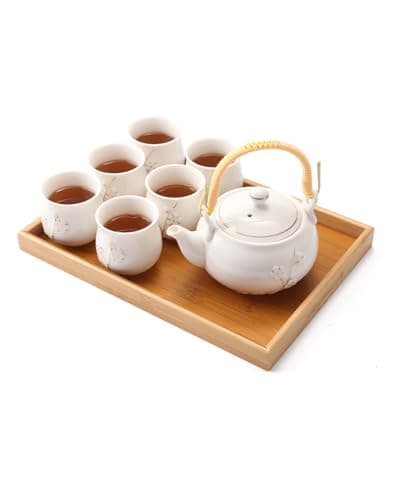 Image of DUJUST Japanese Tea Set, White Porcelain Tea Set with 1 Teapot Set, 6 Tea Cups, 1 Tea Tray, 1 Stainless Infuser, Cute Asian Tea Sets for Adults/Tea Lover/Women/Men (Plum in Golden)