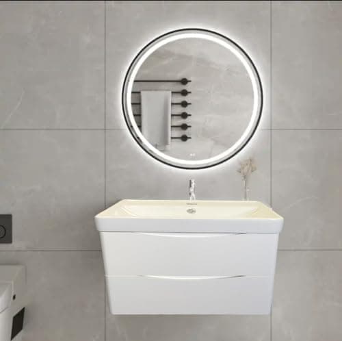 Image of Bathroom Vanity Unit with Ceramic Basin Fully Assembled High Gloss White Cloakroom Sink Unit Wall Hung Two Soft Close Drawers (800mm)