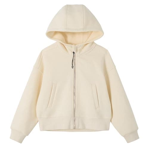Image of Rolanko Girls Cropped Zip Up Hoodie, Cozy Long Sleeve Hooded Jacket Casual Sweatshirt Tops with Pockets for Teen Kids, Apricot, 11-12 Years, 160