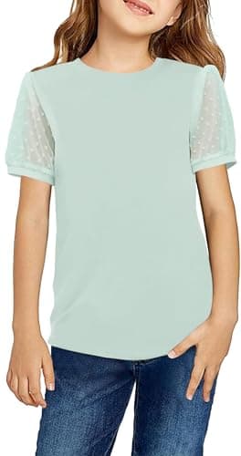 Image of Arshiner Girls T-Shirts Chiffon Sleeves Kids Summer Cotton Round Neck Short Sleeve Tops Casual Basic Tee Shirt for Girls 5-6 Years Green