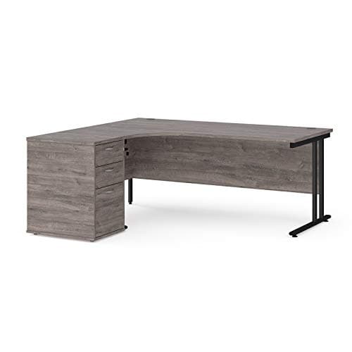 Image of Mr Office Maestro 25 left hand ergonomic desk with black cantilever frame and desk high pedestal, Grey oak, 1800