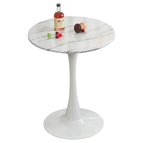 Image of Comtrysail White Marble Round Dining Table, 23.6 Inches Modern Tulip Kitchen Table, Mid-Century Leisure Table with Sturdy Metal Pedestal for Small Places, Dining Room, Living Room, Cafe