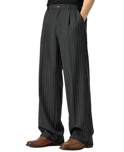 Image of FEDTOSING Wide Leg Pinstripe Trousers Men Baggy Pleated Dress Pants Stylish Casual Summer Vacation Lightweight Street Slacks Black