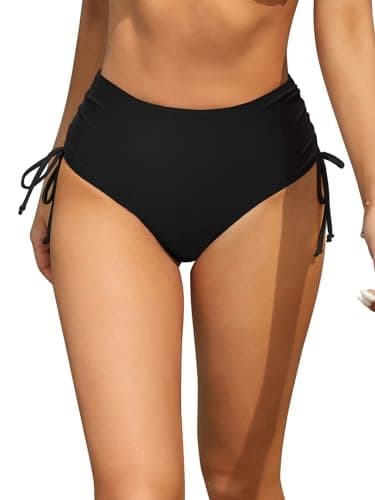 Image of SHEKINI Women's Bikini Bottoms High Waisted Swimsuits Drawstring Side Swimwear Tummy Control Ruched Bathing Suits