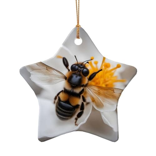Image of Bee On Honeycomb Print Holiday Pendant Ornament, Xmas Ceramic Hanging Star Heart Shape Decorations For Christmas
