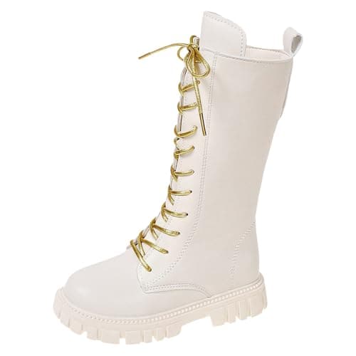 Image of White Boots Kids,White Combat Boots for Girls Lace Up Riding Mid Calf PU Leather Waterproof Shoes Footwear UK Winter Goth Boot Cowgirl Fleece Lined
