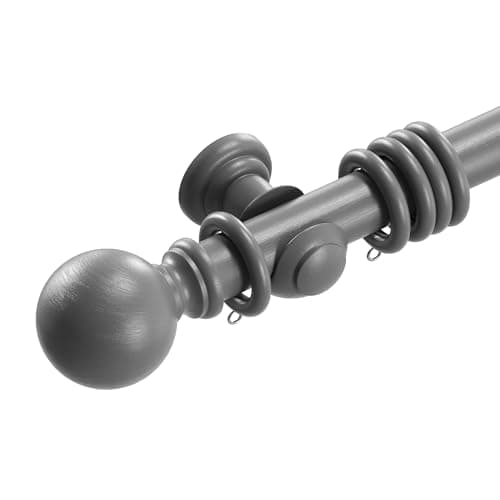 Image of Loch & Skye Wooden Curtain Pole Set Fixed Length 35mm Thick Durable Quality Beechwood Curtain Rod with Finials, Rings & Brackets Wooden Rail Pole for Window & Eyelet Curtains (Grey, 120cm)