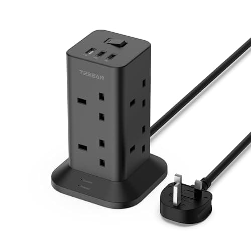 Image of TESSAN Tower Black Extension Lead with 2 USB C Slots, 8 Way Multi Plug Extension Socket 2M Cable, Surge Protected Power Strip with Switch for Home, School Supplies