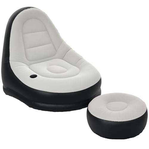 Image of Outsunny Inflatable Chair and Footstool, Inflatable Sofa Lounger with Soft Plush Fabric and Cup Holder, for Camping, Gaming, Reading and Movie Watching, Grey