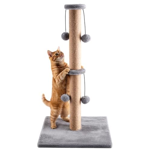 Image of CROWNSHOP Cat Scratching Post 74cm 29" Cats Climbing Frame Foldable Bottom Tall Cats Claw Scratcher with 4 Toy Ball Natural Sisal Scratch Pole and Soft Carpet Covered (74cm 4 balls grey)