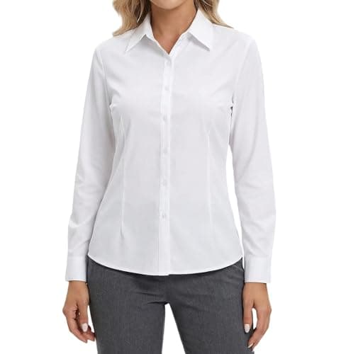 Image of Shirts for Women, Long Sleeve Regular Fit, Womens Shirt with Buttons, Ladies Basic Blouse Tops for Office Work Business Casual (UK, Alpha, L, Regular, Regular, White)