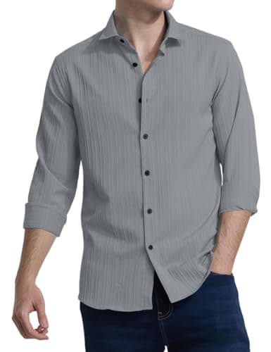 Image of FINIVO FASHION Men's Casual Cotton Plain Button Down Shirts Full Sleeve Textured Summer Beach Shirt for Men, Grey, M